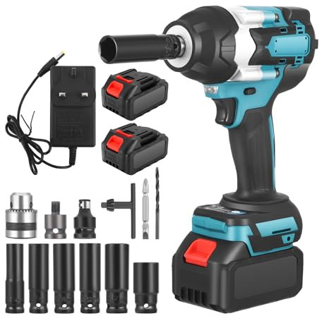 Cordless Impact Wrench, 800N·m/600Ft-lbs Cordless Impact Wrench, 1/2 Brushless High Torque Impact Gun with 2 * 4.0Ah Battery &4 Drill& Fast Charger & Sleeve*6 &Carry Case, for Car Tire Truck Mower