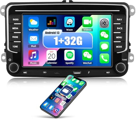 CAMECHO Android 13 autorradio para VW Golf 5 Polo Skoda con Navi Bluetooth,7 Pulgadas Doble DIN Radio Coche Pantalla táctil con Mirror Link FM/RDS WiFi SWC y USB