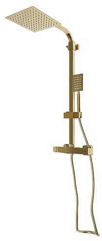 Modern Duschsystem mit Thermostat, Duscharmatur Komplettset mit Armatur, Handbrause, Einstellbare Höhe,180° Gedreht Eckiger Kopfbrause, Gold