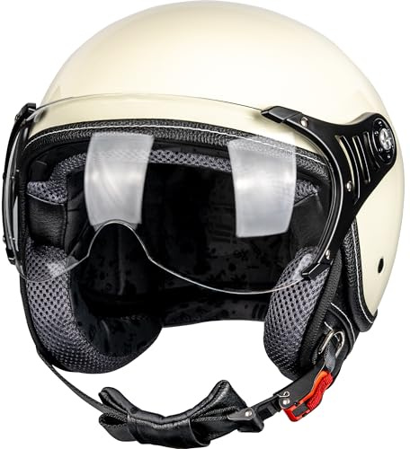 Yesmotor 3/4 Motorcycle Helmets Retro Open Face Scooters Helmet with Clear Visor for Men and Women- DOT Approved（White,L）