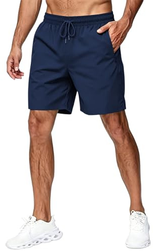 NLAND sportbyxor herr korta snabbtorkande sportshorts lätta och ventilerande löparbyxor män korta med fickor dragkedja gym byxor för avslappnade och sportiga tillfällen, Marinblå, L