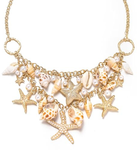 Ever Faith Shell Necklace for Women, Boho Handmade Starfish Natural Seashell Choker Collar Necklaces Beach Jewellery for Summer Outfits Surfer Beachy Accessories