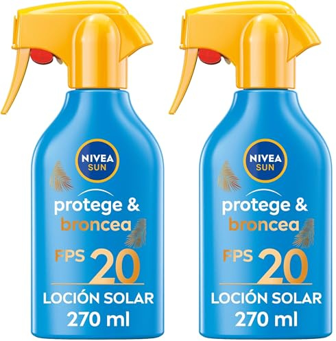 NIVEA SUN Protege & Broncea Spray Solar FP20 (1 x 270 ml), activador del bronceado, protección solar, crema bronceadora, protector solar hidratante, resistente al agua, pistola (Paquete de 2)