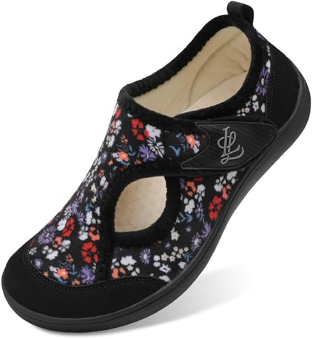 JIASUQI Slippers for Women Wide Diabetic Shoes Adjustable Arthritis Edema House Shoes Indoor Outdoor Breathable Slippers(BlackFlower 38,Size 5)