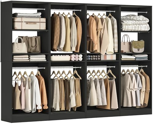 Unikito 100 Inch Large Closet System, 8.3FT Wood Closet Organizer Kit with 8 Hanging Rods, Adjustable Walk in Wardrobe Closet Tower, Sturdy Luxury Clothes Garment Rack, Easy Assembly, Set of 4, Black