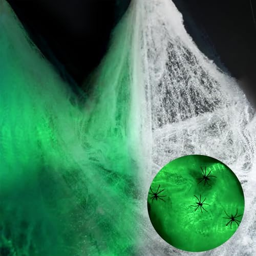 Spinnennetz-Dekoration mit künstlichen Spinnen, dehnbar, Halloween-Spinnweben (60 g leuchtendes Spinnennetz + 30 Spinnen)