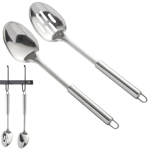 Serving Spoons Large, 2-Piece Stainless Steel Cooking Spoon Set, Slotted and Solid Spoons for Stirring Mixing Serving, 32 Cm Long Handle for Deep Pots and Hot Food