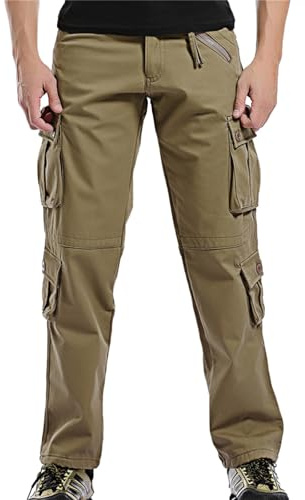 Men Thick Work Trousers Winter Warm Fleece Combat Cargo Pants Multi Pocket Soft Comfortable Outdoor Hiking Trousers Baggy Army Military Tactical Work Pants Straight Leg Casual Trouser Khaki