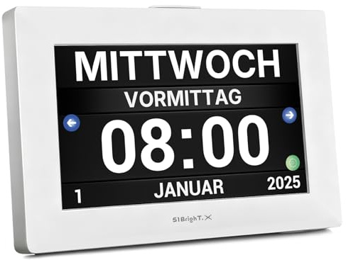 51Bright.X 8 Zoll Digitale Kalenderuhr – Weiß – für Senioren, Demenzkranke & Sehbehinderte – große Ziffern, langsame deutsche Sprachansage, Touchscreen-Wecker & Fotoalbum