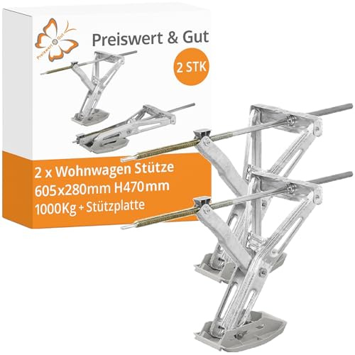 2 STK Wohnwagen Stütze Ausdrehstütze mit Stützplatte 605x280mm Stahl 1000kg | Kurbelstützen für Wohnmobil und Anhänger, verzinkter Stahl mit Stützplattenmaß 605 x 280 mm, Preiswert&Gut