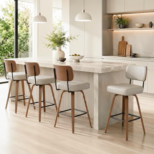 YUUIJOAA 360°Drehbarer Barhocker 4er Set, PU Barhocker 65cm Sitzhöhe mit Holzbeinen, Mid-Century-Design Bar hocker mit 4 Beinen und Lehne, Barstühle Küchenhocker für Küche und Bar,Graubeige