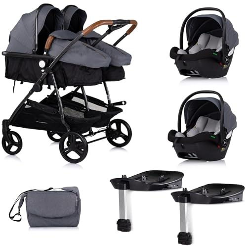 DUO SMART - Cochecito gemelos o niños juntos, ancho 79 cm, color gris + 2 acogedor i-Size, gris con base Isofix