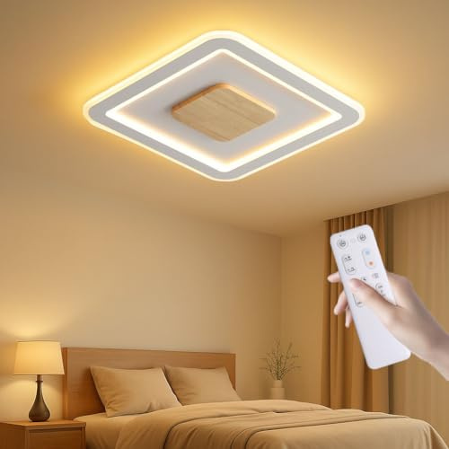 zenlavia Deckenlampe Holz, Led Deckenleuchte Flach Dimmbar mit Fernbedienung, 24W, 2400lm, Farbtemperatur 3000-6500K, Eckig, 30cm, Modern für Schlafzimmer Wohnzimmer Küche