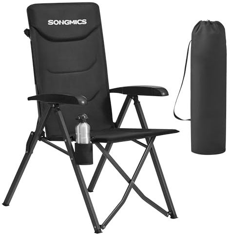 SONGMICS Sedia da campeggio pieghevole per adulti, schienale regolabile a 95°-150°, supporto girevole per bevande, borsa per il trasporto, per giardino, campeggio, pesca, colore nero GCB015BZ01
