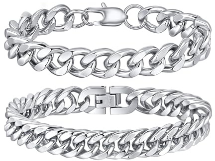 Gamtic 2 Stücke Herren Armband Edelstahl Panzerkette Armbänder | Kubanische Armband für Männer, 10mm Breite, 19/21/23cm Länge, Geschenke für Mann Papa Sohn Freund Ehemann Bruder