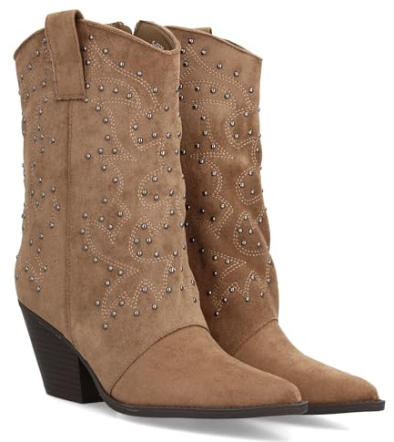 97507 Bota Cowboy para Mujer con Diseno de Cana Media con Tachuelas metalicas. Punta Fina y Tacon Cubano. Tirador Lateral y Cierre de Cremallera. Ideal Otono Invierno. Kaki Talla 37