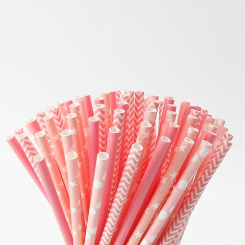 Pajitas de papel rosa,100 Unidades Biodegradable Pajitas para fiestas,Brial Shower,cumpleaños,bodas,para batidos,zumos,cócteles