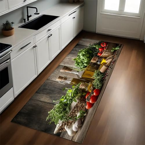Küchenthema Küchenteppiche Gemüse und Gewürze rutschfest Waschbar Teppich Staubdicht Wasser und Ölaufnahme Fußmatte Küchenmatte 60x180 cm