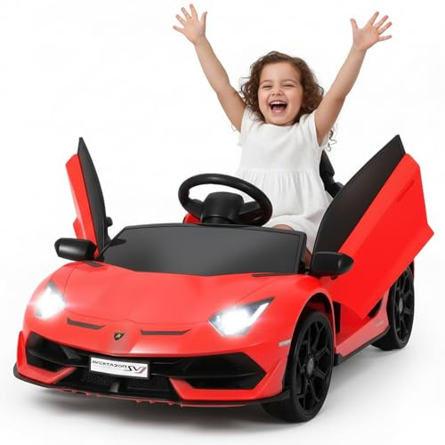 HAUSPROFI Kinder Elektroauto Lamborghini, 12V Elektroauto für Kinder mit 2,4 G Fernbedienung, Kinderauto Elektrisch mit Hydraulischer Tür, Musik, MP3, LED-Licht, Elektrofahrzeuge für ab 3 Jahre, Rot