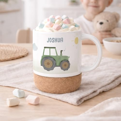 hellomini Personalisierte Tasse mit Korkboden für Kinder, Kindertasse mit Wunschdruck, Kinderbecher mit Namen, Geschenk zum Geburtstag, (Traktor)