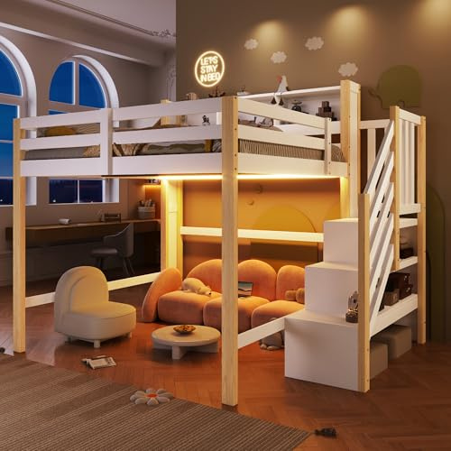 BTM Holz Hochbett 140x200 mit Stauraum und LED-Leuchten Kinderhochbett mit Rausfallschutz, Treppe Weiß+Natur