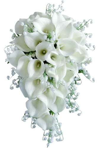 Faticenic Bouquet de mariée avec lys Calla Blancs – Bouquet de Mariage réaliste pour mariée, élégantes Fleurs en Soie en Cascade pour cérémonie et décoration d'intérieur, Bouquets pour