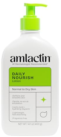 AmLactin Daily Nourish Therapeutic Body Lotion for Dry Skin - No-Scrub Exfoliator and Moisturizer 12% Lactic Acid Lotion, 14.1 oz (Packaging May Vary)