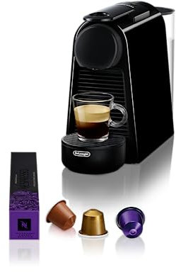Nespresso De'Longhi Essenza Mini EN 85.B Kaffeekapselmaschine Welcome Set mit Kapseln in unterschiedlichen Geschmacksrichtungen 19 bar Pumpendruck,Platzsparend,1370W,0.6ml,32.5 x 11 x 20.5 cm,Schwarz
