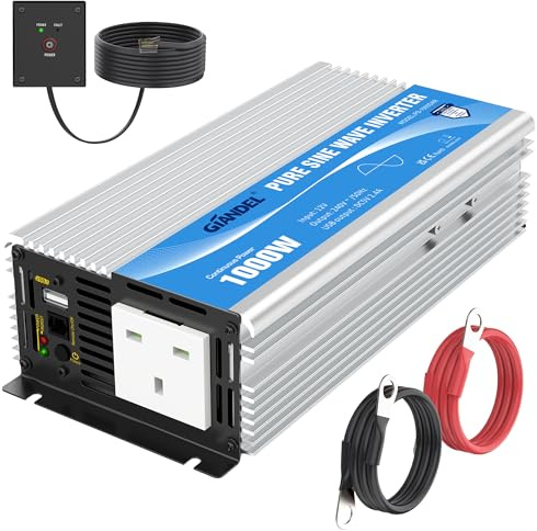 Pure Sine Wave Power Inverter 1000W DC 12V to AC 240V with Remote Control with AC Outlet & 2.4A USB Port for RV Truck Car by GIANDEL