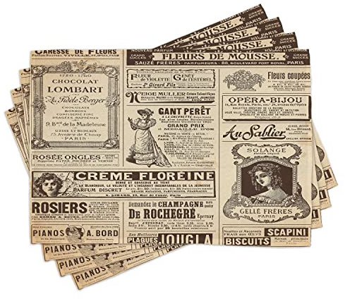 ABAKUHAUS Paris Platzmatten, Weinlese-altes historisches Zeitung Journal-französische Papierbeschriftungs-Kunst, Waschbare Stoff Esszimmer Küche Tischdekorations Digitaldruck, Armeegrün Beige