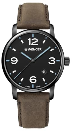 WENGER Herren Armbanduhr Urban Metropolitan Ø 42 mm, Swiss Made, Analog Quarz, Wasserdicht bis 100 m, Leder-Armband, Schwarz/Braun, 01.1741.135