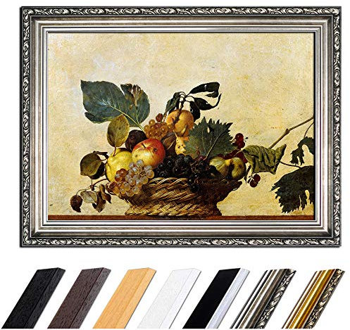 Bild mit Rahmen - Caravaggio Früchtekorb 50x40 cm - Gerahmtes Leinwandbild Alte Meister - Antiker Rahmen Silber Barock, Klassisch
