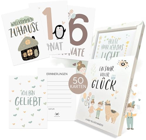 HIMMEL.HERZ.PAPIER® Meilensteinkarten Baby - Baby Geschenk zur Geburt & Babyparty und Schwangerschaft - 50 Karten inkl. Geschenkbox für Jungen und Mädchen - Bunte Tiermotive