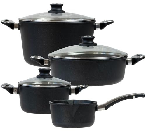 BAF Kochtopf Set Induktion 7-tlg. Bratentopf 20 cm + 28 cm, Suppentopf 28 cm & Stieltopf 18 cm - Topfset Aluguss beschichtet - Made in Germany