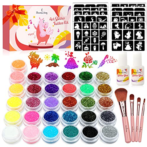Temporary Glitter Tattoo Kids, Eleanore's Diary 31 Glitter Colors,165 Unique Stencils,2 Glue,4 Brushes,Adults & Kids Arts Glitter Make Up Kit, Gifts for Girls Boys Birthday Party Summer Festival