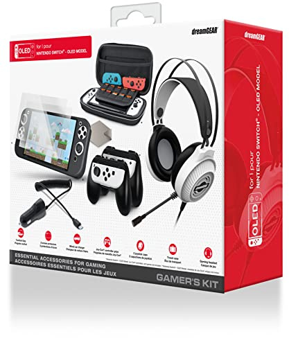 Gamers Kit for Nintendo Switch OLED: Wired Gaming Headset with 50mm Drivers, (2)Screen Protectors, Ergonomic Grip, Switch OLED Travel Case, Joy-Con Grips, and Car Charger