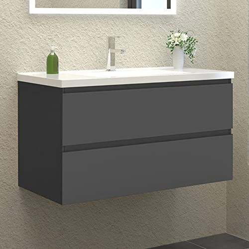 HAPAOSO Waschbecken mit Unterschrank Badezimmer 100 cm Breit Badmöbel Set mit Waschbecken und 2 Soft-Close Schubladen Waschtisch Unterschrank Grau für Badezimmer Hängend