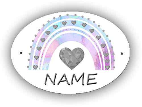 Türschild personalisiert mit Name und Schriftartwahl, Pastell Regenbogen | Kunststoff, Oval, 12,7 x 8,8 x 0,2 cm, 2 Bohrungen