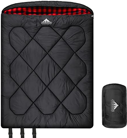 AGEMORE 0 Degree Double Sleeping Bag for Adults, Cotton Flannel Lined 2 Person Queen Size Sleeping Bag for Winter, Double Wide & Warm for Family Couples Camping Or RV Traveling