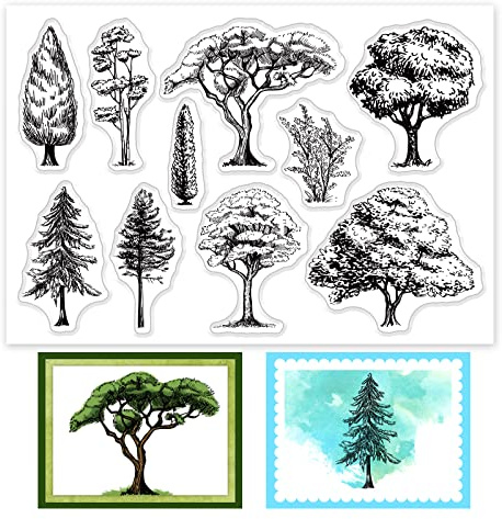 GLOBLELAND Trees Clear Stamps Plant Landscape Sketch Silicone Clear Stamp Seals for Cards Making DIY Scrapbooking Cards Making Photo Journal Album Decoration