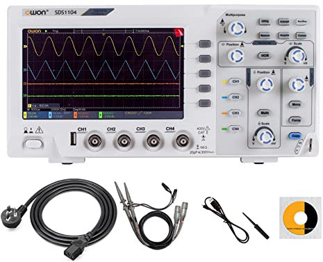 OWON SDS1104 4-Kanal-Digital-Speicher-Oszilloskop, 100 MHz-Bandbreite, 1 GS/s Abtastrate, ultradünnes Gehäuse mit 17,8 cm (7 Zoll) hochauflösendem LCD-Display