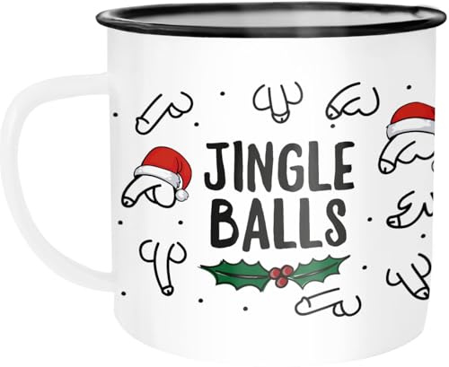 MoonWorks® Emaille-Tasse Jingle Balls Penis Muster Weihnachten Pimmel mit Weihnachtsmütze Bürotasse lustige Geschenke Emaille-weiss-schwarz standard