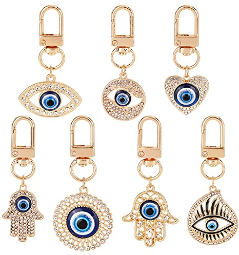 nbeads 7 Stück Evil Eye Schlüsselanhänger, Herz Auge Schlüsselanhänger Geldbörse Schlüsselhalter Zubehör Hamsa Hand Charm Legierung Strass Anhänger Schlüsselring Stichmarker Für Geschenke