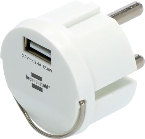 Brennenstuhl USB-laddningsadapter (USB-laddare för inkoppling i ett vägguttag, 2,4 A, kompatibel med IP44-uttag och kabeltrummor från Brennenstuhl, platt design)