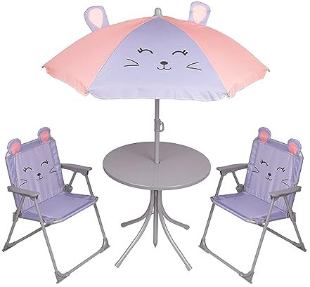 Relsy Cute Mouse Patio Set Kids Garden Furniture, 4-Piece Kid's Patio Set With Table, 2 x Chairs & Adjustable Parasol, Grey, Children's Outdoor Table And Chairs