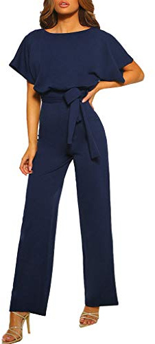 Jumpsuit Damen Elegant für Hochzeit - Hosenanzug Damen Festlich Overall Damen Sommer Kurzarm mit Gürtelbindung Rundhals Einteiliger Hose Straight Weites Bein Playsuit Romper Jumpsuits Frauen