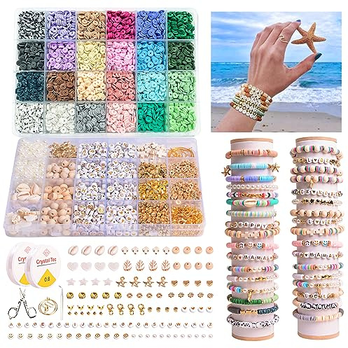Konoz pärlor för gängning, 1 1 000 stycken 6 mm polymerlerpärlor, 2 lådor armband gör-det-själv-tillverkningsset, smycken gör-det-själv-set med bokstäver och träpärlor, presentidé för födelsedagar