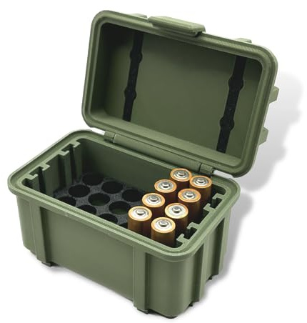 Batterie/Akku Aufbewahrung Box Batteriekasten Batteriekiste Batteriebox Minikiste Minibox Armee/Militär Olive/Tarnfarbe für Batterien + Akkus AA, AAA, 9V, Leer - Geschenk für Männer (AAA Batterien)