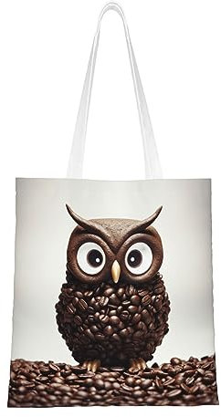 EVANEM Canvas Tote Bag Für Frau Kaffeebohne Eule Schulter Handtaschen Wiederverwendbare Einkaufstaschen Geldbörse Einkaufstasche, Kaffeebohnen/Eule, Einheitsgröße