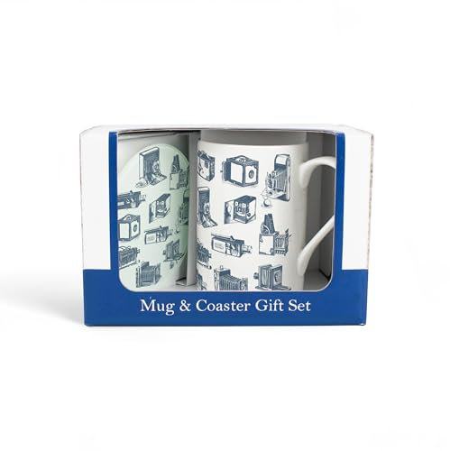 Purely Home Photography Mug & Coaster Gift Set - Vintage Hobbies Cameras Bone China Mug and Glass Coaster Set - Tea/Coffee Present